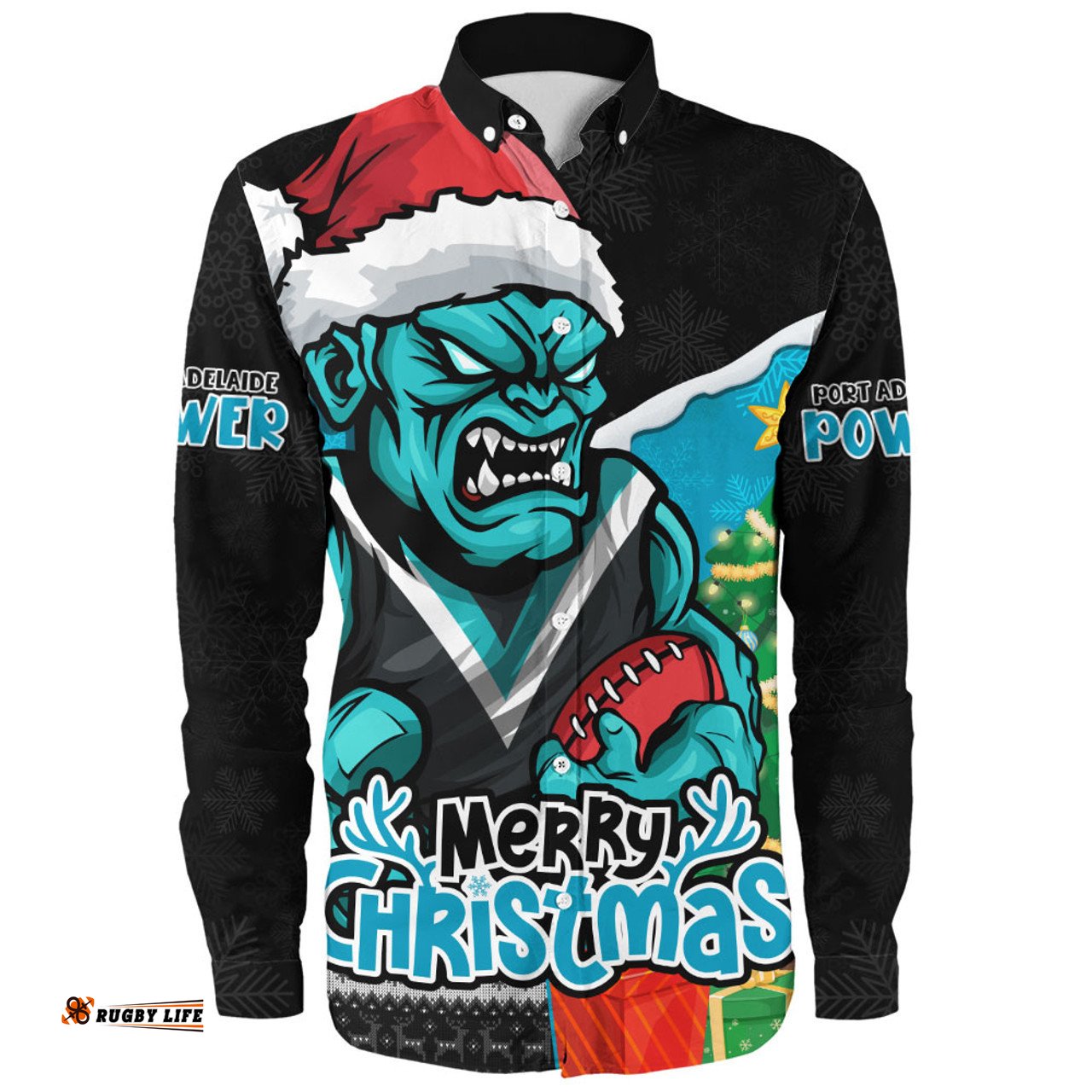 Amazing Aussie Port Adelaide Santa Scoring Touchdown On Christmas Game Day Long Sleeve Shirt