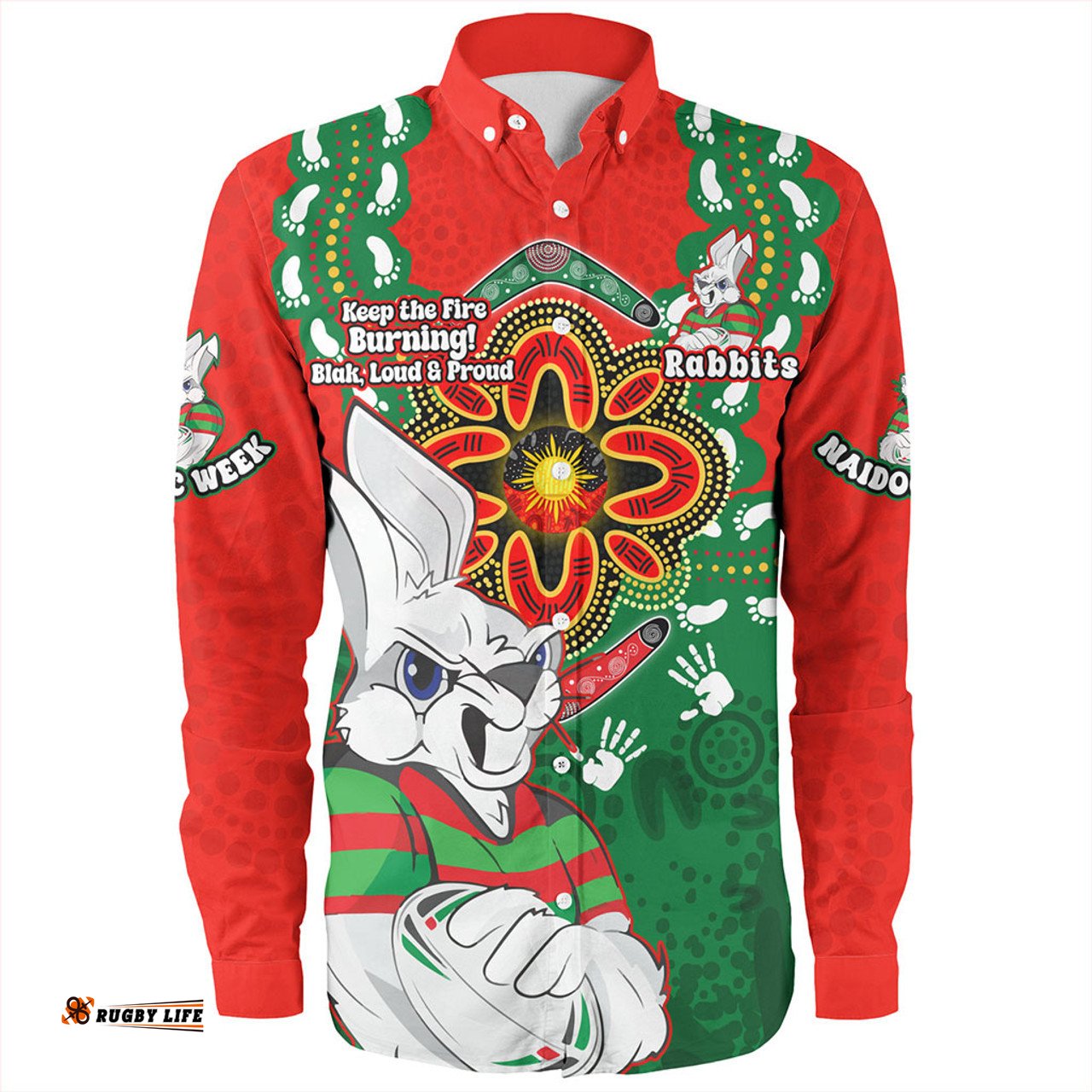 Amazing Aussie South Sydney Rabbitohs Aboriginal Inspired Naidoc Symbol Pattern Long Sleeve Shirt