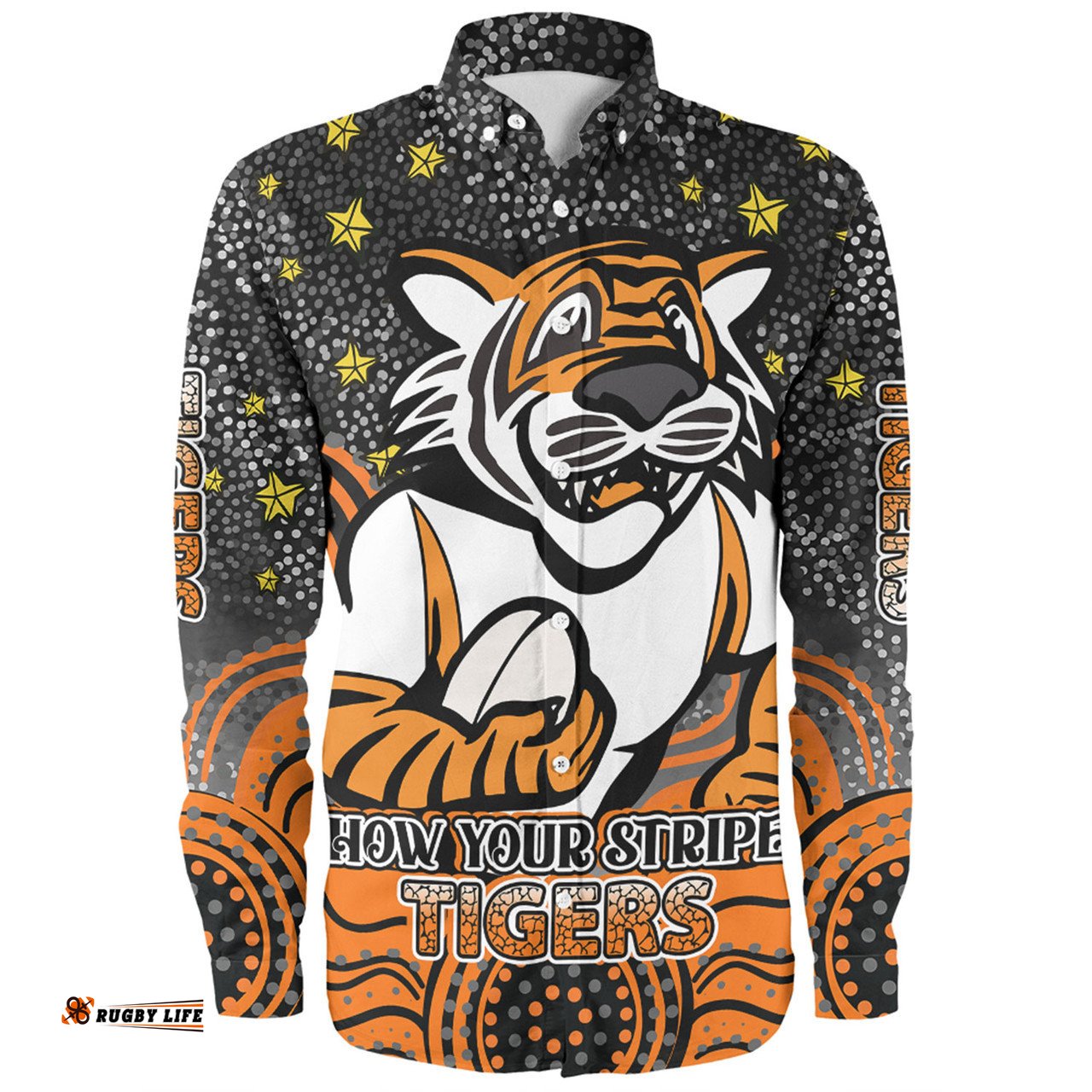 Amazing Aussie Wests Tigers Custom Custom With Aboriginal Inspired Style Of Dot Painting Patterns Long Sleeve Shirt