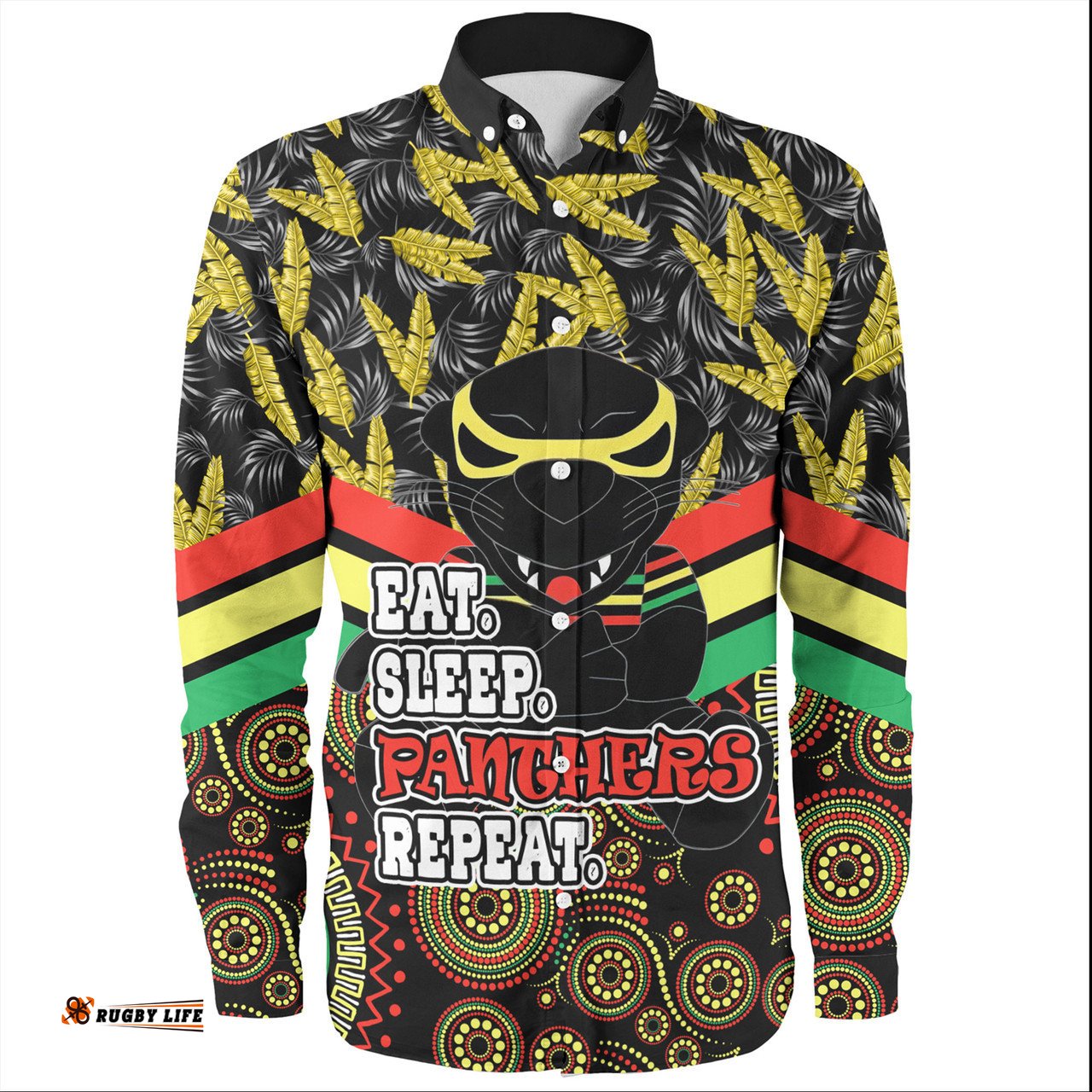 Amazing Aussie Penrith Panthers Tropical Patterns And Dot Painting Eat Sleep Rugby Repeat Long Sleeve Shirt