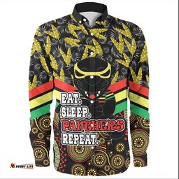Amazing Aussie Penrith Panthers Tropical Patterns And Dot Painting Eat Sleep Rugby Repeat Long Sleeve Shirt
