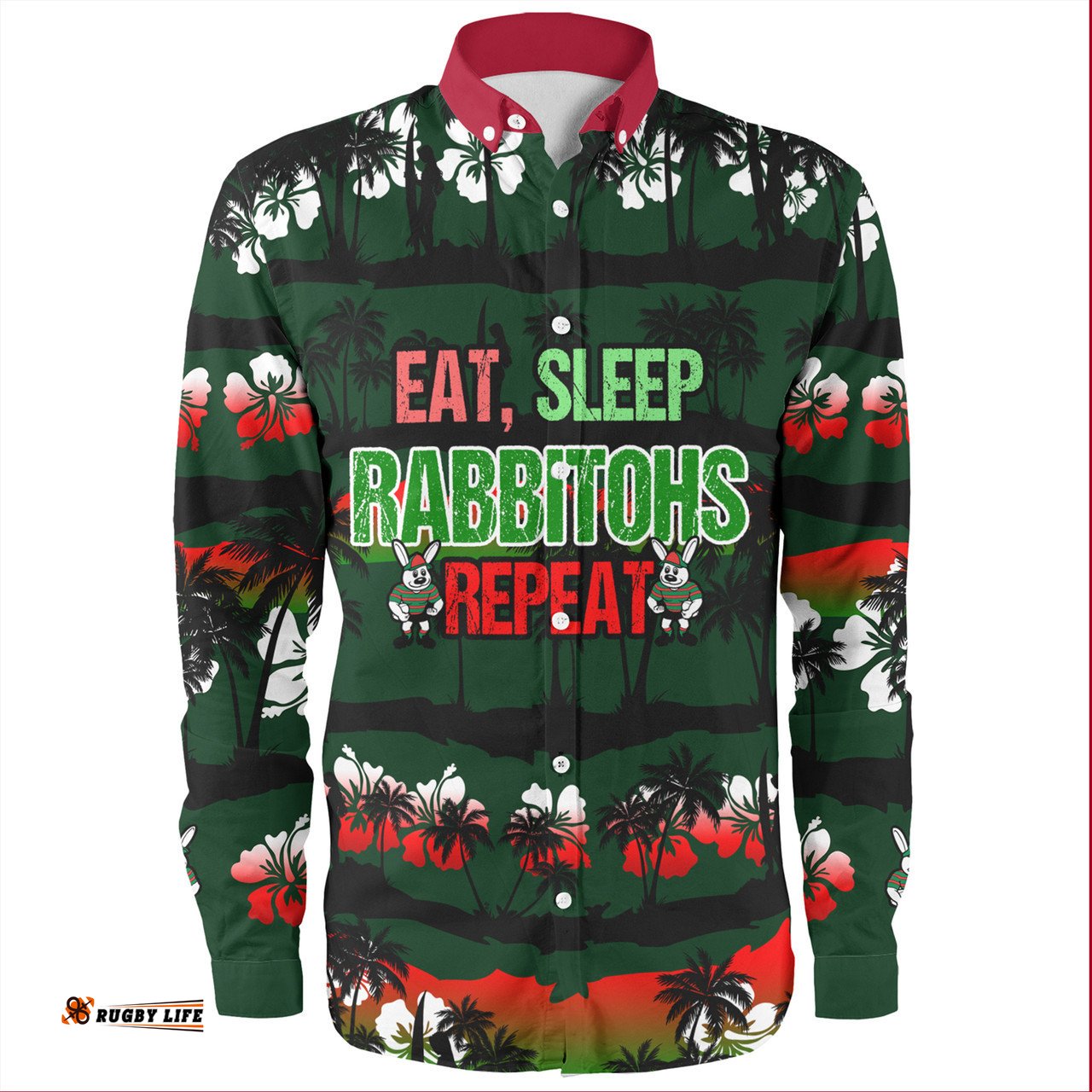 Amazing Aussie South Sydney Rabbitohs Eat Sleep Repeat With Tropical Patterns Long Sleeve Shirt