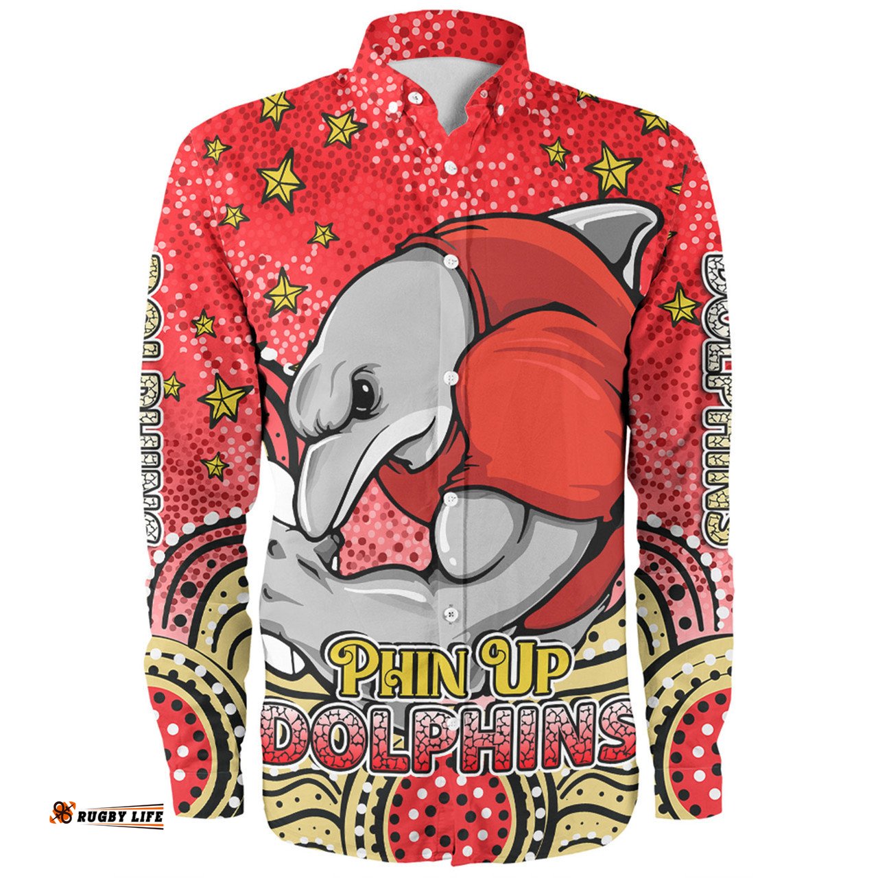Amazing Aussie Redcliffe Dolphins Custom Custom With Aboriginal Inspired Style Of Dot Painting Patterns Long Sleeve Shirt