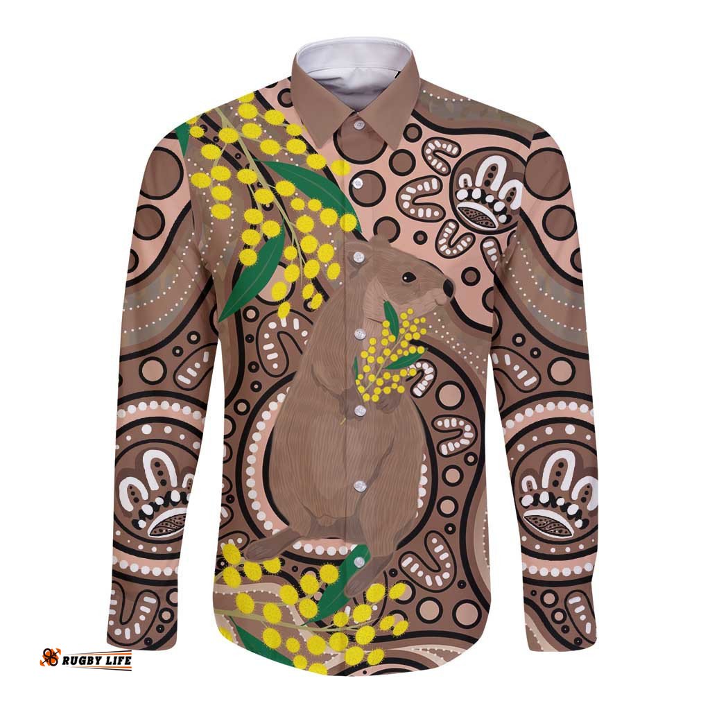 Australia Cute Quokka Long Sleeve Button Shirt Indigenous Art With Golden Wattle