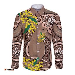 Australia Cute Quokka Long Sleeve Button Shirt Indigenous Art With Golden Wattle