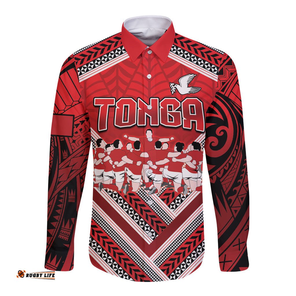 Custom Tonga Rugby Long Sleeve Button Shirt Tonga Sipi Tau Ngatu Tribal Pattern