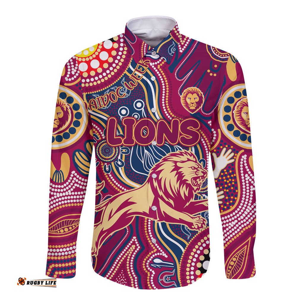 Personalised NAIDOC Week 2024 Brisbane Lions Long Sleeve Button Shirt Australian Aboriginal Hand Painting