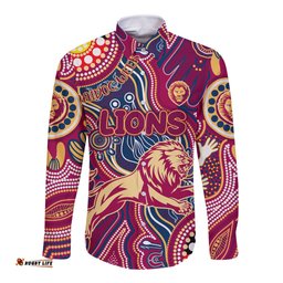 Personalised NAIDOC Week 2024 Brisbane Lions Long Sleeve Button Shirt Australian Aboriginal Hand Painting
