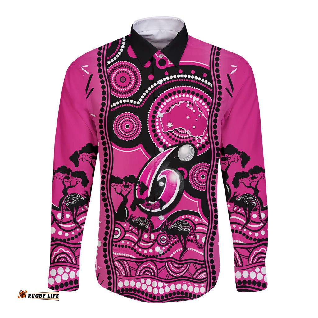 Sydney Sixers Cricket Long Sleeve Button Shirt Happy Australia Day Aboriginal Art