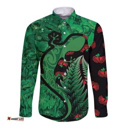 New Zealand Gecko Christmas Long Sleeve Button Shirt Meri Kirihimete Paua Shell Mix Pohutukawa