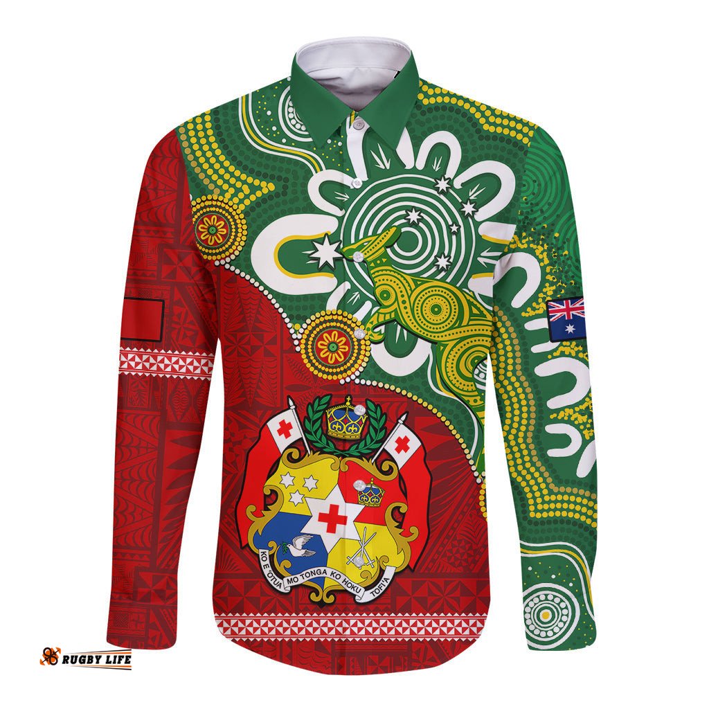 Australia And Tonga Long Sleeve Button Shirt Aboriginal Mix Tongan Ngatu Unique Style