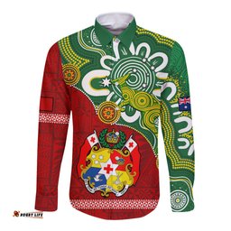 Australia And Tonga Long Sleeve Button Shirt Aboriginal Mix Tongan Ngatu Unique Style