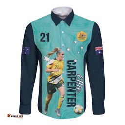 Australia Soccer Long Sleeve Button Shirt Ellie Carpenter Matildas Turquoise