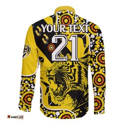 Custom Text And Number Richmond Tigers Football Long Sleeve Button Shirt Angry Tiger Roaring Aboriginal Boomerang and Dots Art