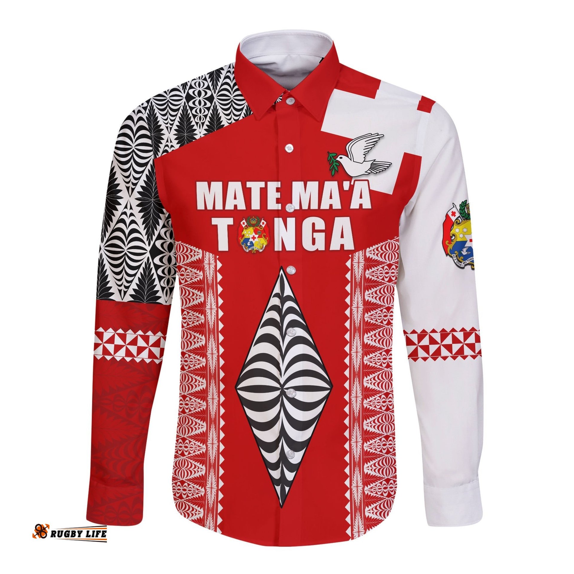Custom Personalised Tonga Rugby Long Sleeve Button Shirt Kupesi Ngatu Mate Maa Tonga