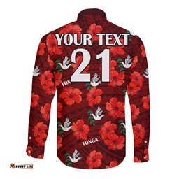 Custom Text And Number Tonga Rugby Long Sleeve Button Shirt Polynesian Style With Hibiscus