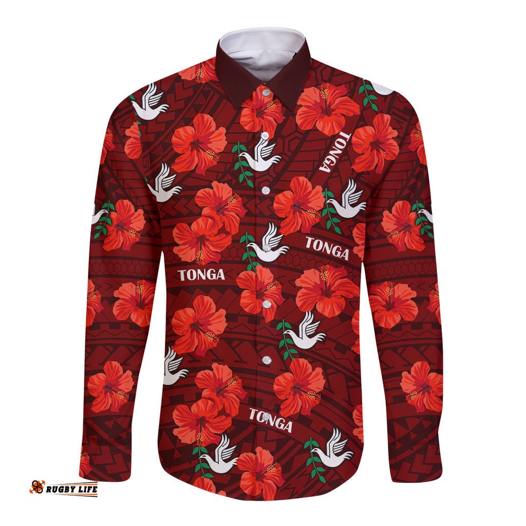 Custom Text And Number Tonga Rugby Long Sleeve Button Shirt Polynesian Style With Hibiscus