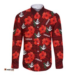 Custom Text And Number Tonga Rugby Long Sleeve Button Shirt Polynesian Style With Hibiscus