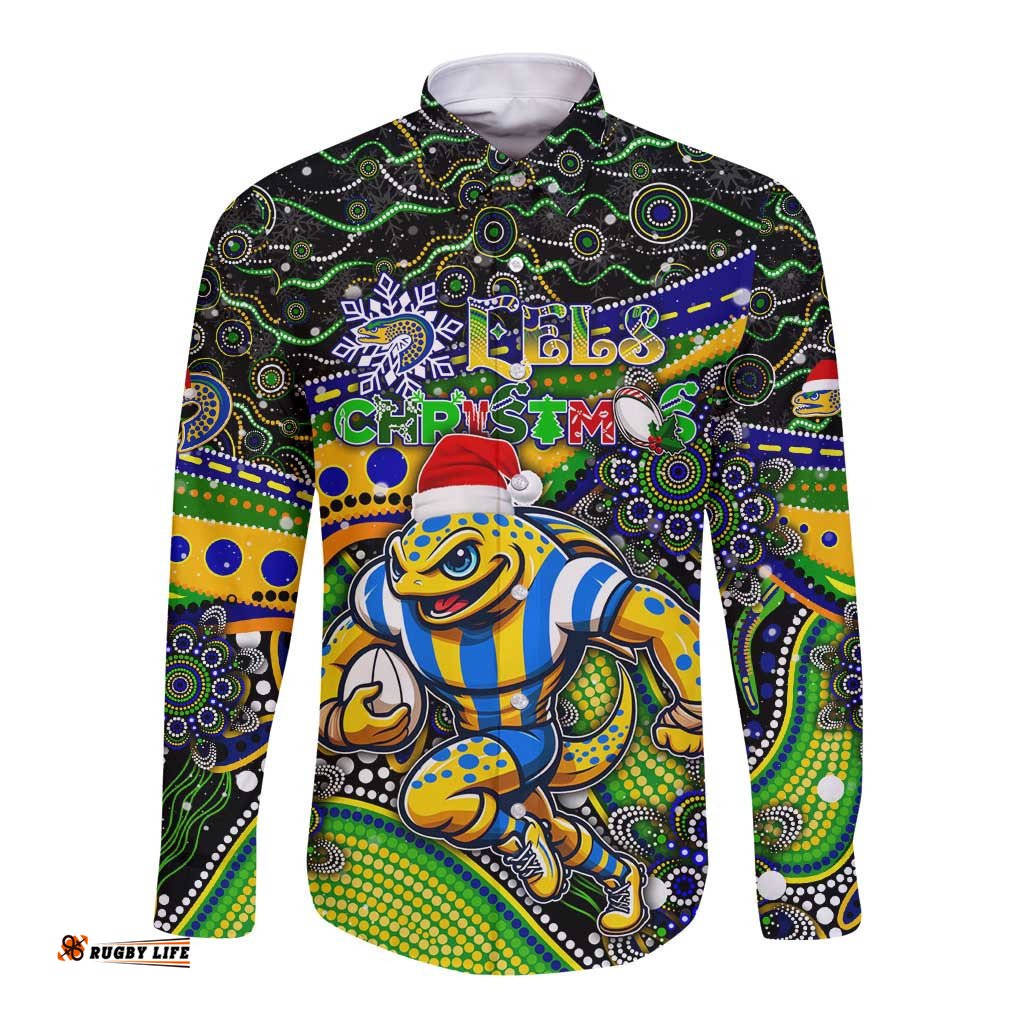 Merry Christmas Eels Long Sleeve Button Shirt Aboriginal Santa Rugby Mascot - Parramatta