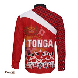 Tonga Rugby Long Sleeve Button Shirt Sipi Tau Dance Coat of Arms Ngatu Pattern