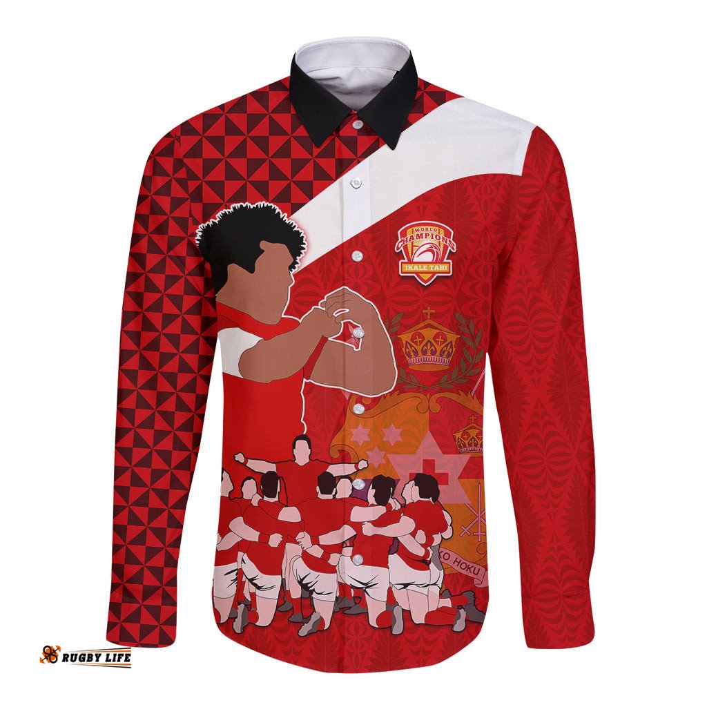 Tonga Rugby Long Sleeve Button Shirt Sipi Tau Dance Coat of Arms Ngatu Pattern