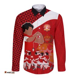 Tonga Rugby Long Sleeve Button Shirt Sipi Tau Dance Coat of Arms Ngatu Pattern