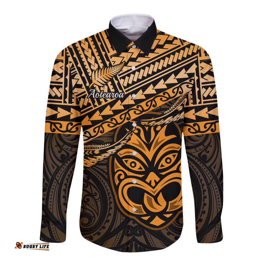 Matariki New Zealand Long Sleeve Button Shirt Maori New Year Tiki Gold Version