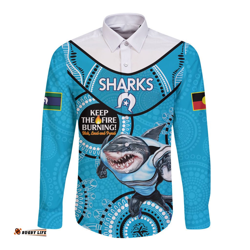 Custom NRL Sharks NAIDOC Week Long Sleeve Button Shirt Keep The Fire Burning Indigenous Art