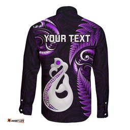 Personalised New Zealand Long Sleeve Button Shirt Aotearoa Silver Fern With Manaia Maori Unique Purple