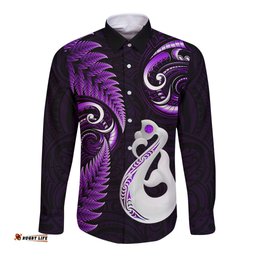 Personalised New Zealand Long Sleeve Button Shirt Aotearoa Silver Fern With Manaia Maori Unique Purple