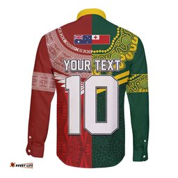 Custom Mate Ma'a Tonga and Australia Kangaroo Long Sleeve Button Shirt Nation Seal with Mascot Aboriginal and Tongan Kupesi Ngatu Art