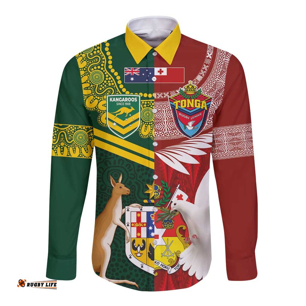 Custom Mate Ma'a Tonga and Australia Kangaroo Long Sleeve Button Shirt Nation Seal with Mascot Aboriginal and Tongan Kupesi Ngatu Art