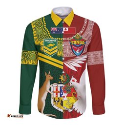Custom Mate Ma'a Tonga and Australia Kangaroo Long Sleeve Button Shirt Nation Seal with Mascot Aboriginal and Tongan Kupesi Ngatu Art
