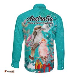 Kookaburra and Cockatoo Long Sleeve Button Shirt Australia Merry Christmas Aboriginal Teal Style