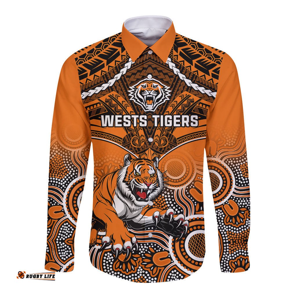 Tigers Rugby Long Sleeve Button Shirt Aboriginal Mix Polynesian Pattern