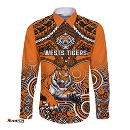 Tigers Rugby Long Sleeve Button Shirt Aboriginal Mix Polynesian Pattern