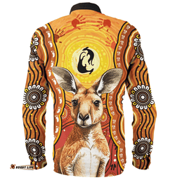 Australia Long Sleeve Button Shirt Aboriginal Kangaroo Dreaming With Dot Art