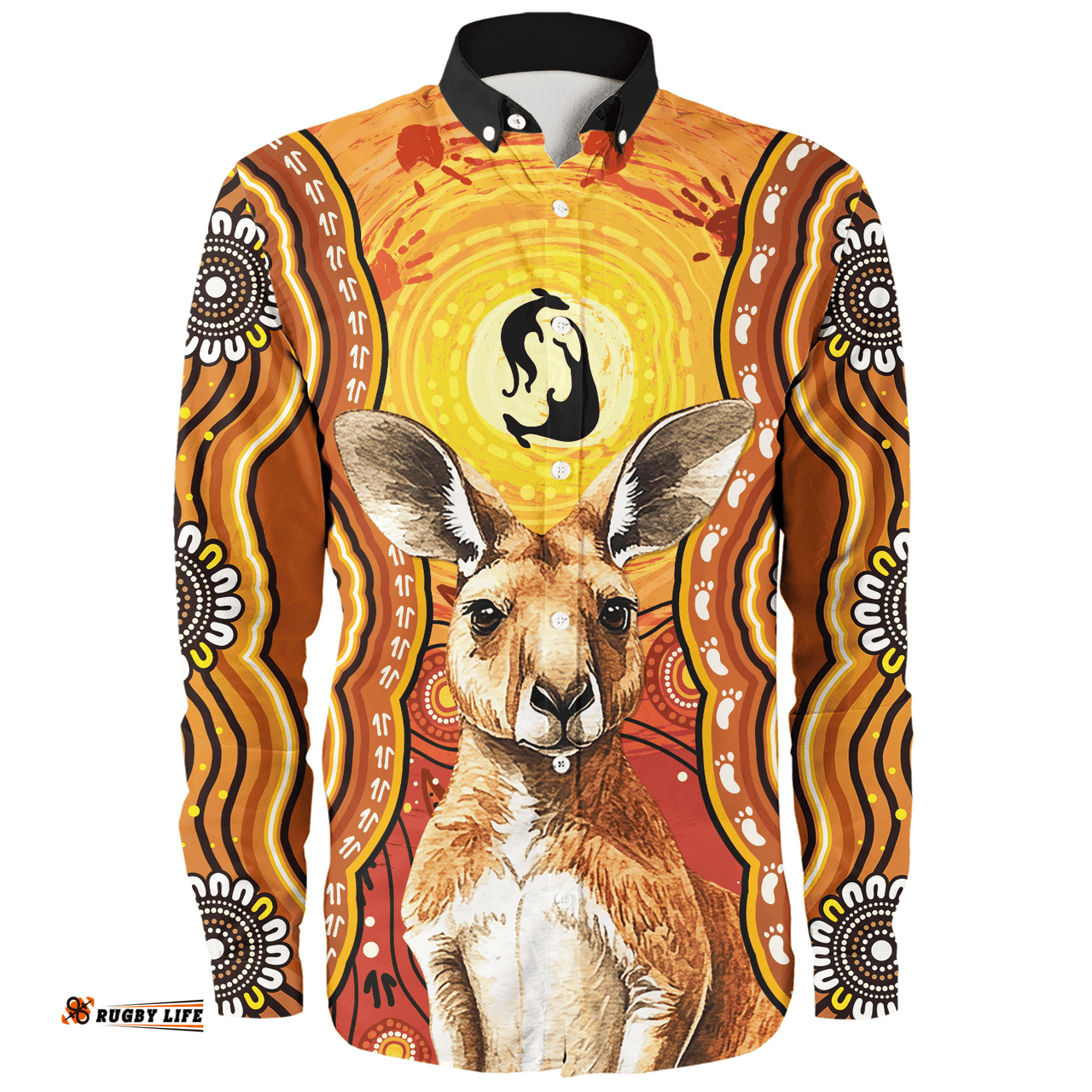 Australia Long Sleeve Button Shirt Aboriginal Kangaroo Dreaming With Dot Art