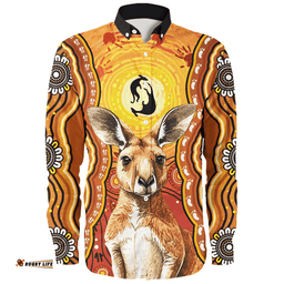 Australia Long Sleeve Button Shirt Aboriginal Kangaroo Dreaming With Dot Art