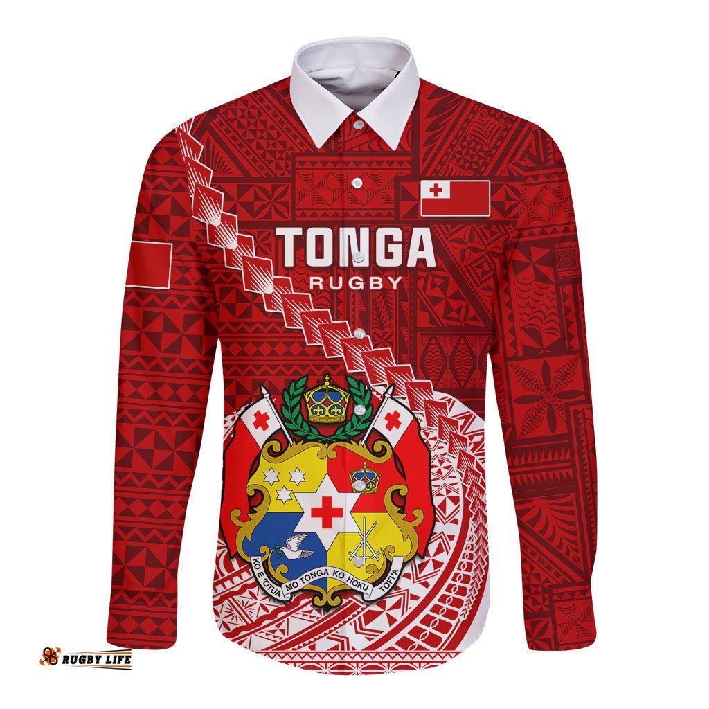 Custom Tonga Rugby Long Sleeve Button Shirt Tongan Ngatu Pattern White Version