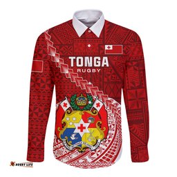 Custom Tonga Rugby Long Sleeve Button Shirt Tongan Ngatu Pattern White Version