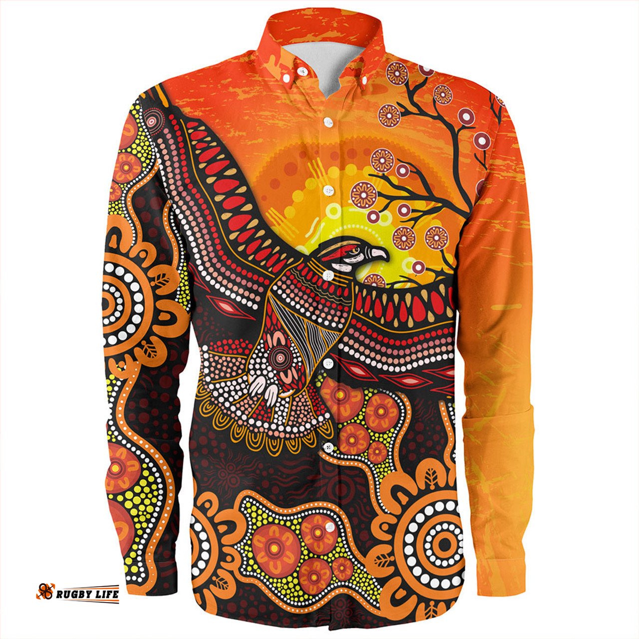 Australia Long Sleeve Button Shirt Eagle Aboriginal Dot Painting Traditional