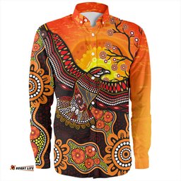 Australia Long Sleeve Button Shirt Eagle Aboriginal Dot Painting Traditional