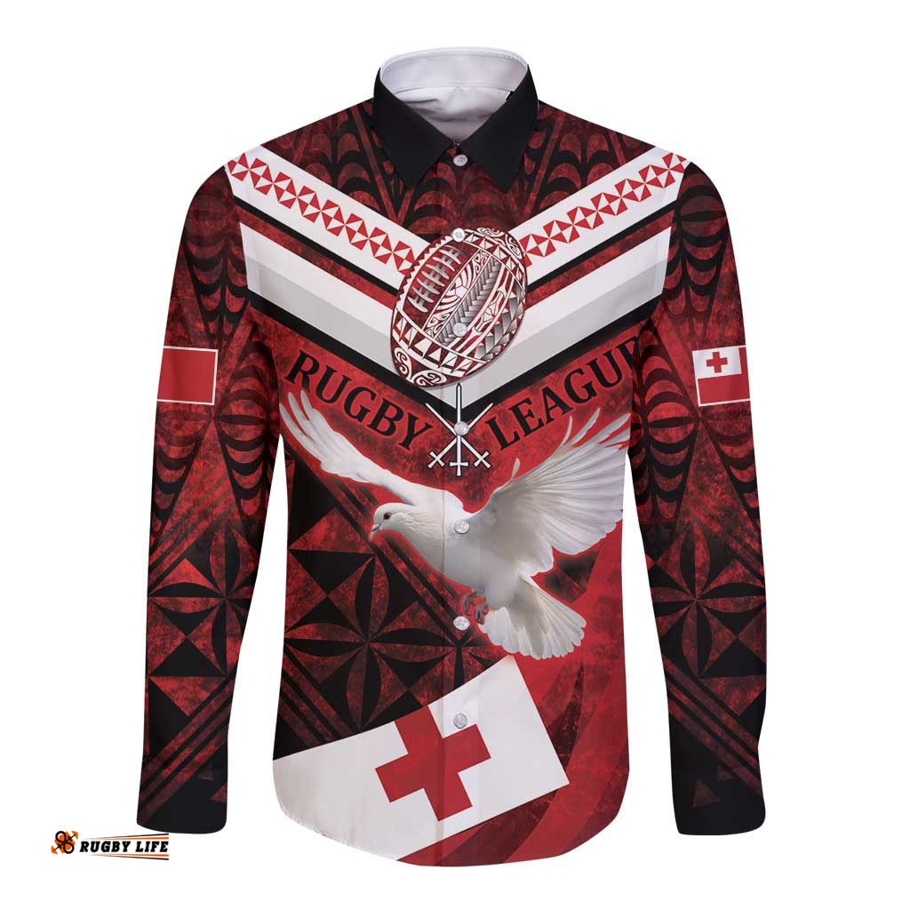 Custom Tonga XIII Rugby Tribal Tattoo Long Sleeve Button Shirt Mate Ma'a Tonga Kupesi Ngatu Grunge Style