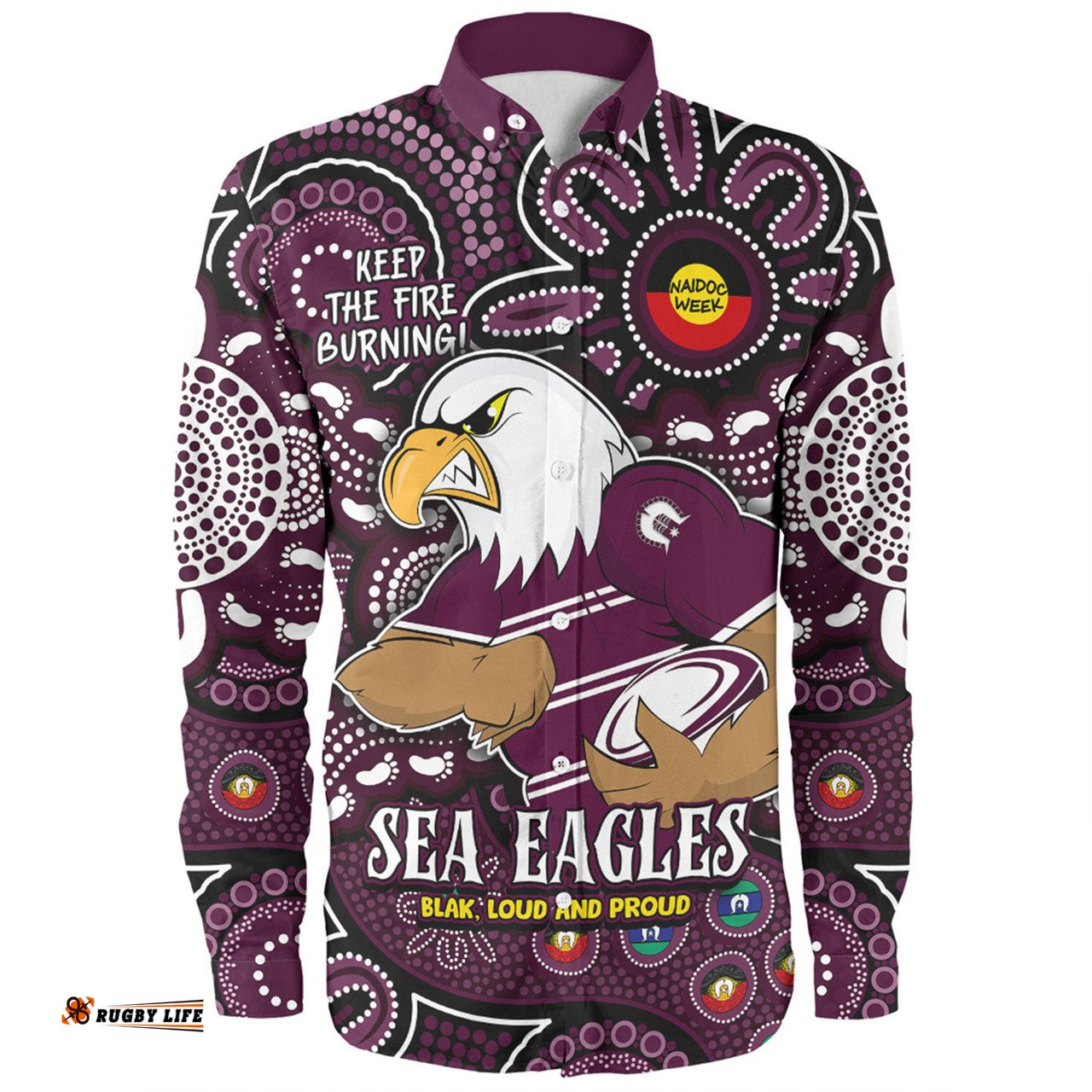 Manly Warringah Sea Eagles Long Sleeve Button Shirt Custom Naidoc Week 2024 Aboriginal Pattern And Torres Strait Islander Inspired