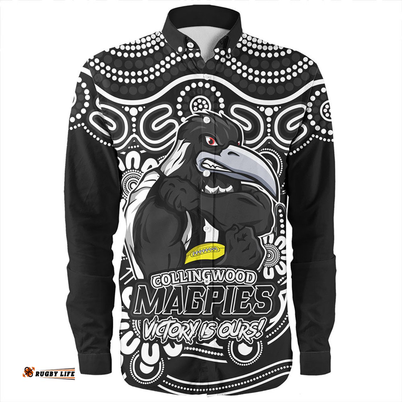 Collingwood Long Sleeve Button Shirt Aboriginal Inspired Tough Fan Football For Life