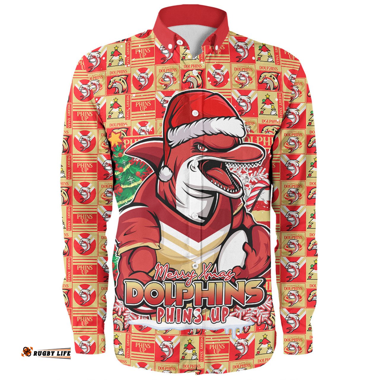 Redcliffe Dolphins Long Sleeve Button Shirt Merry Ugly Christmas Comic Style