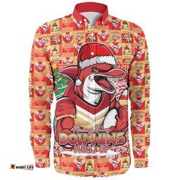 Redcliffe Dolphins Long Sleeve Button Shirt Merry Ugly Christmas Comic Style