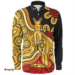 Australia Long Sleeve Button Shirt Aboriginal Kangaroo Journey
