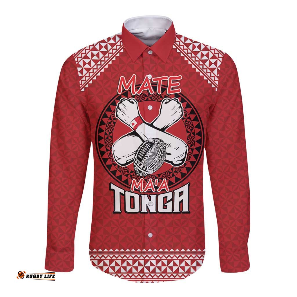 Tonga Rugby XIII Custom Long Sleeve Button Shirt Mate Ma'a Tonga with Ngatu Pattern
